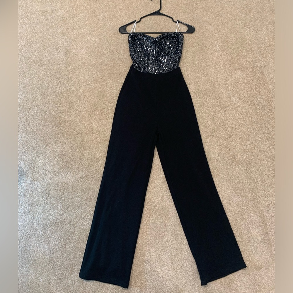 Lulus black sequin strapless jumpsuit